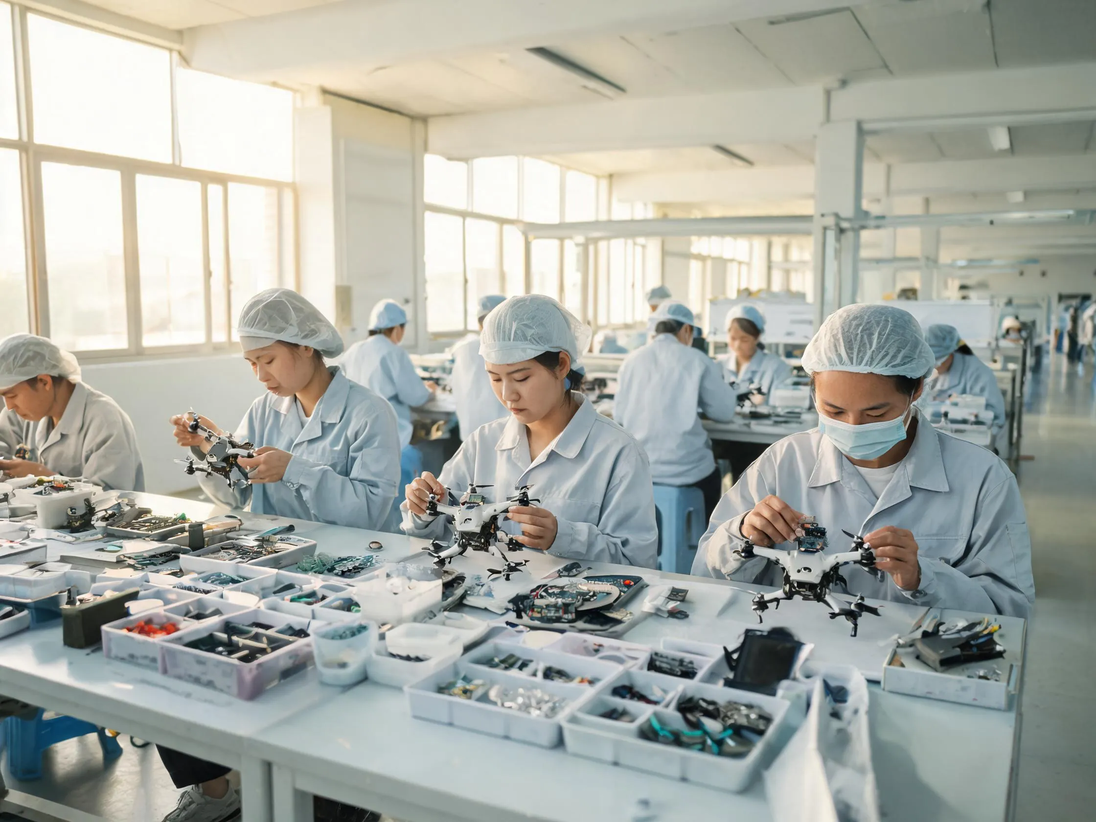 DOWELLIN 工厂内，工人在装配线上组装无人机